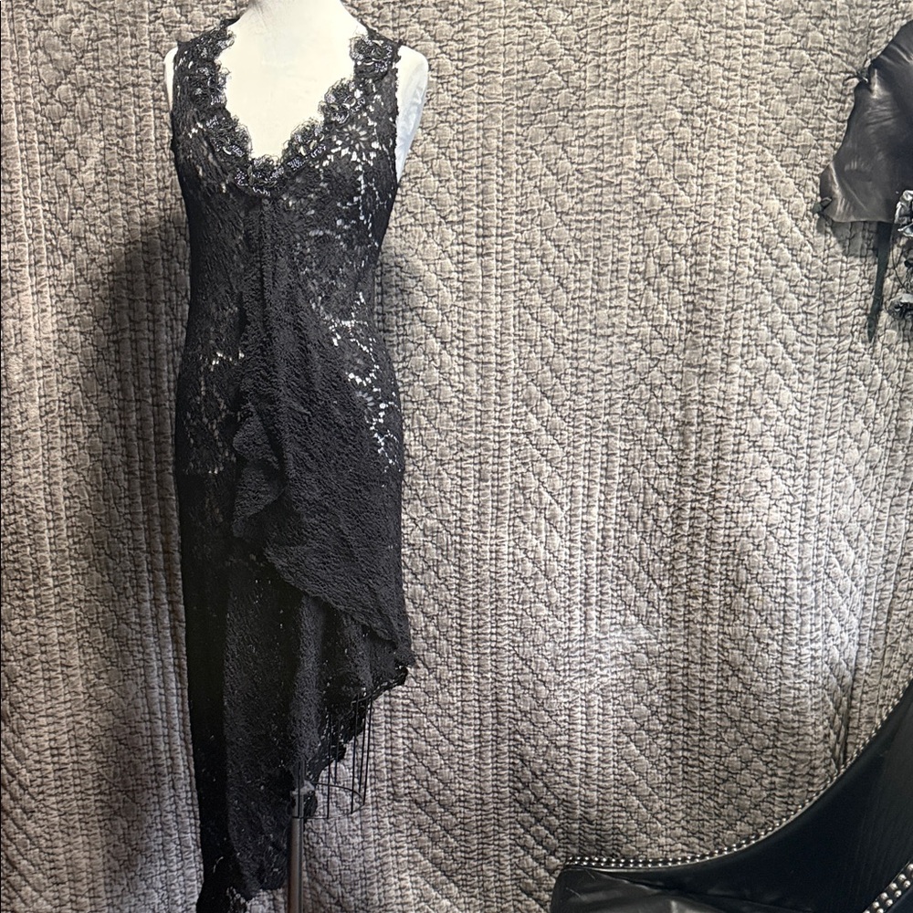 Chic Asymmetrical Black FrenchStrech Lace Dress